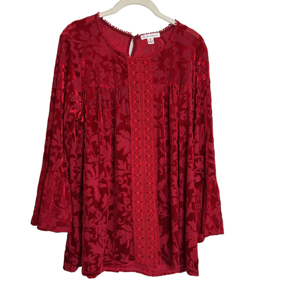 John Paul Richard Womens Burnout Velvet Blouse Size Medium Red Bell Sleeves - Picture 1 of 8